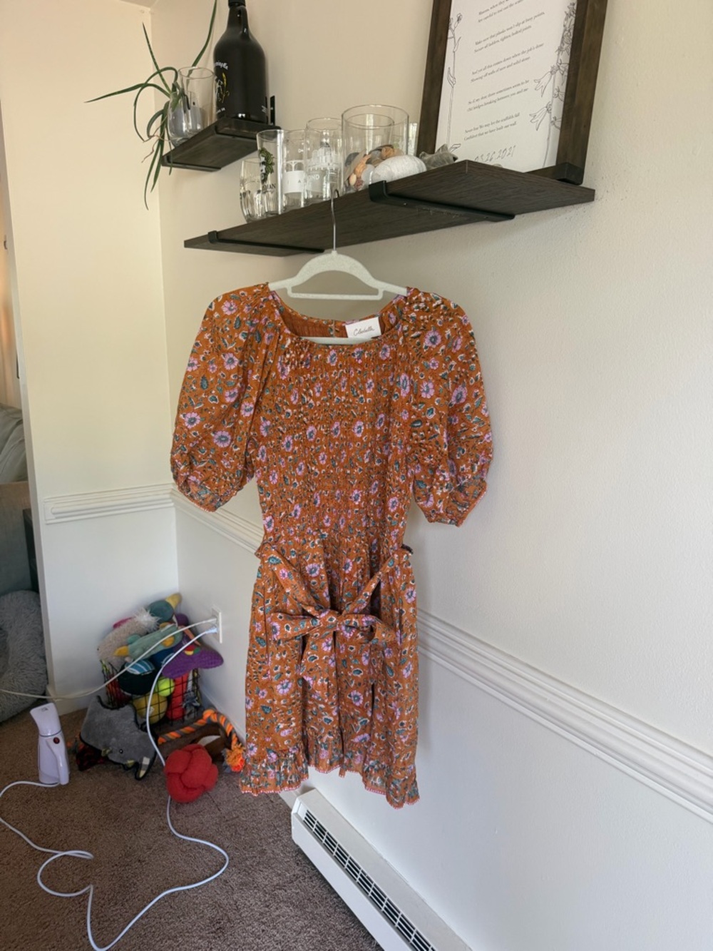 Orange Floral Puff-Sleeve Mind Dress with Waist Tie